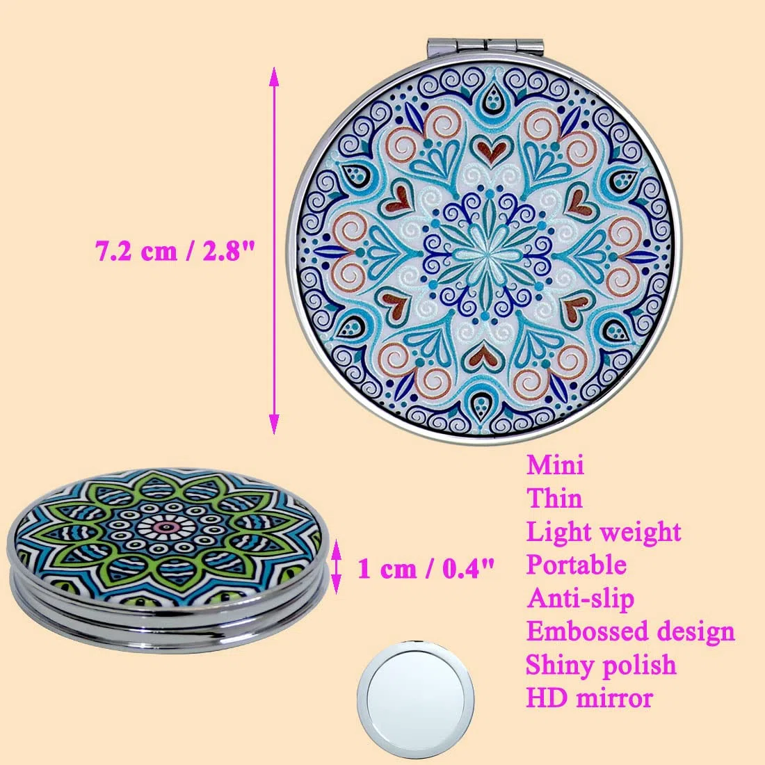 Taschenspiegel Klappbar Tragbar Handheld - Klein Kompaktspiegel mit 2-facher Vergrößerung für Schmink Ankleiden - Geprägte Mandala Designs - für Mädchen Frauen Kinder Lady 6er Pack