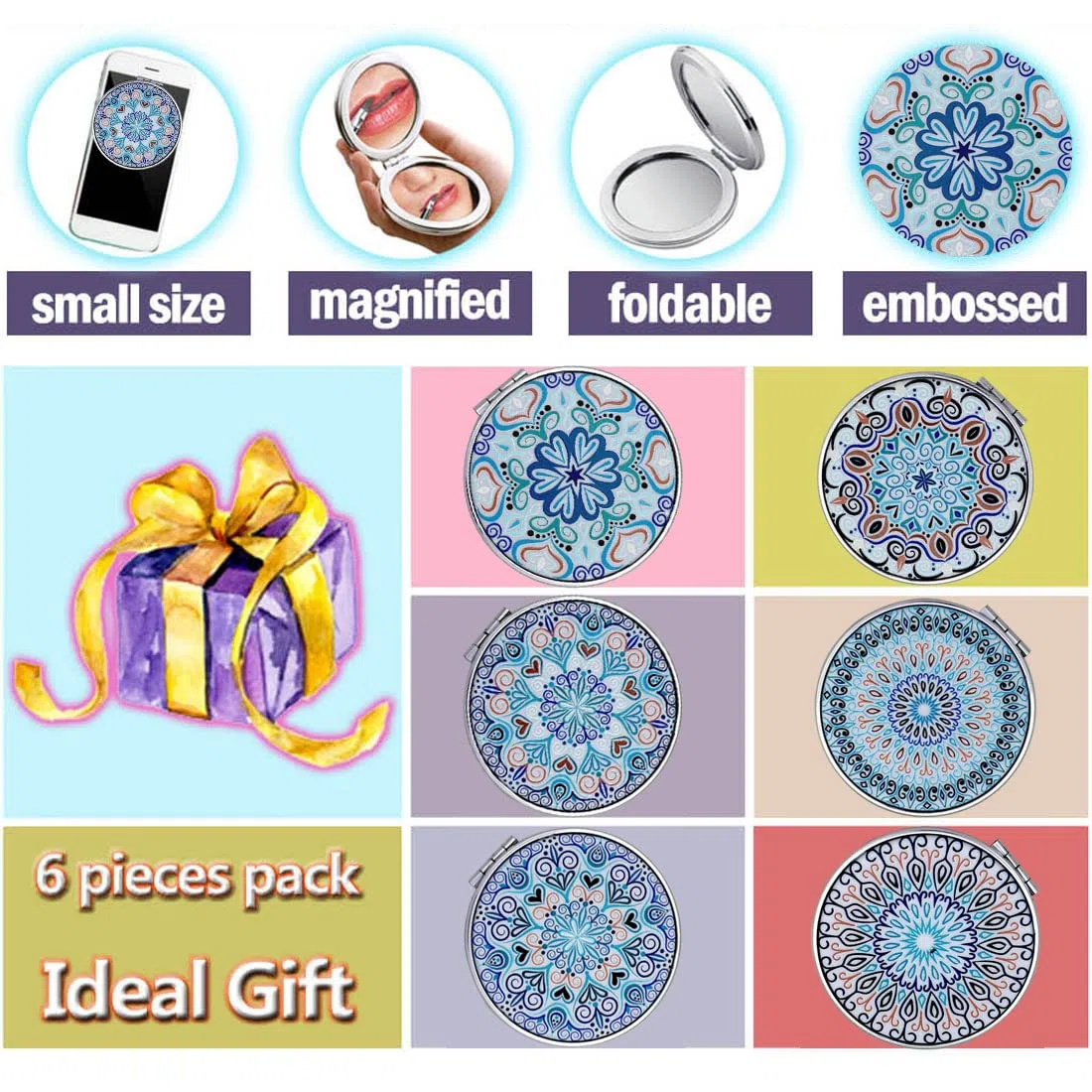 Taschenspiegel Klappbar Tragbar Handheld - Klein Kompaktspiegel mit 2-facher Vergrößerung für Schmink Ankleiden - Geprägte Mandala Designs - für Mädchen Frauen Kinder Lady 6er Pack