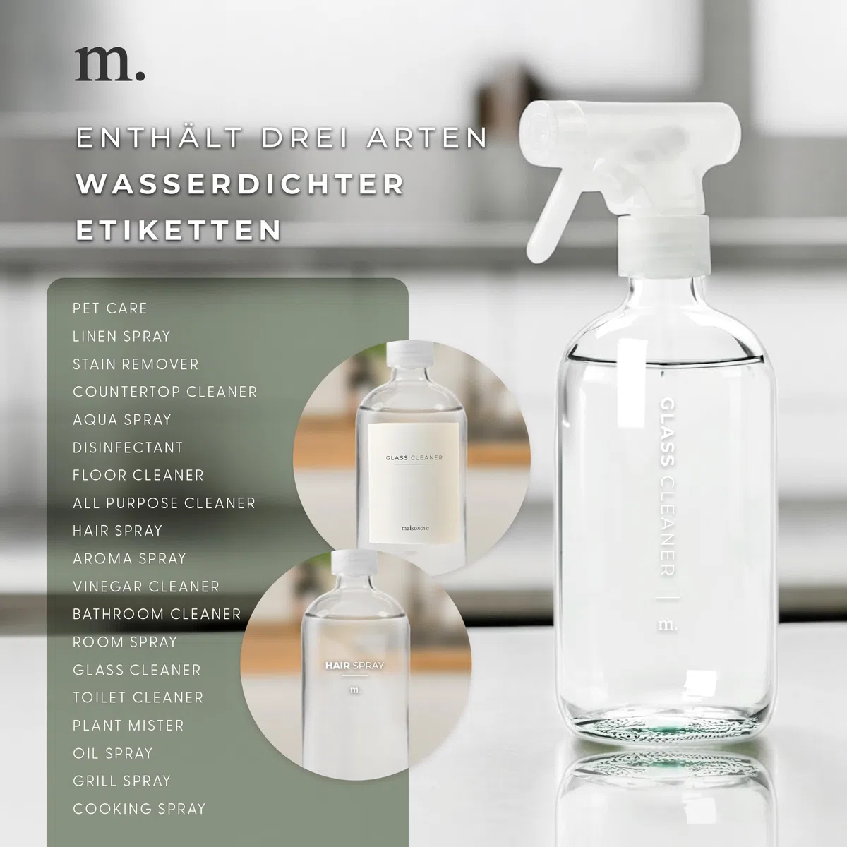 MAISONOVO Wasser Sprühflasche Glas 500ml 2er Set - Klar Kleine Sprühflasche Putzmittel Inklusive 16 Etiketten