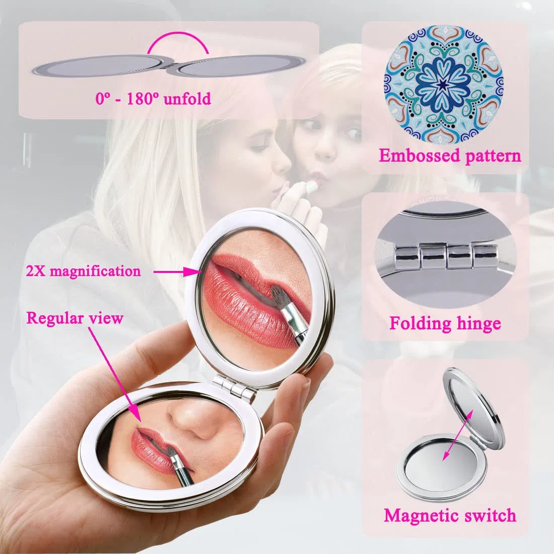 Taschenspiegel Klappbar Tragbar Handheld - Klein Kompaktspiegel mit 2-facher Vergrößerung für Schmink Ankleiden - Geprägte Mandala Designs - für Mädchen Frauen Kinder Lady 6er Pack