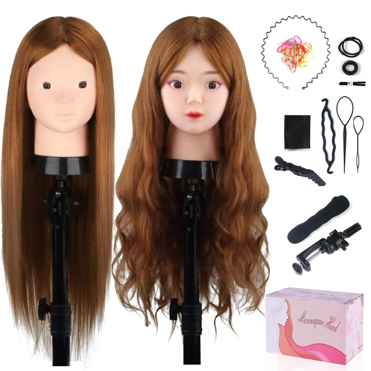 MYSWEETY 20” Übungskopf Frisierkopf Friseur 50% Echthaar Haar Perückenkopf Puppenkopf Übungskopf Friseurkopf Ausbildung Kopf Mit Halter + DIY Haar Zubehör Styling Set