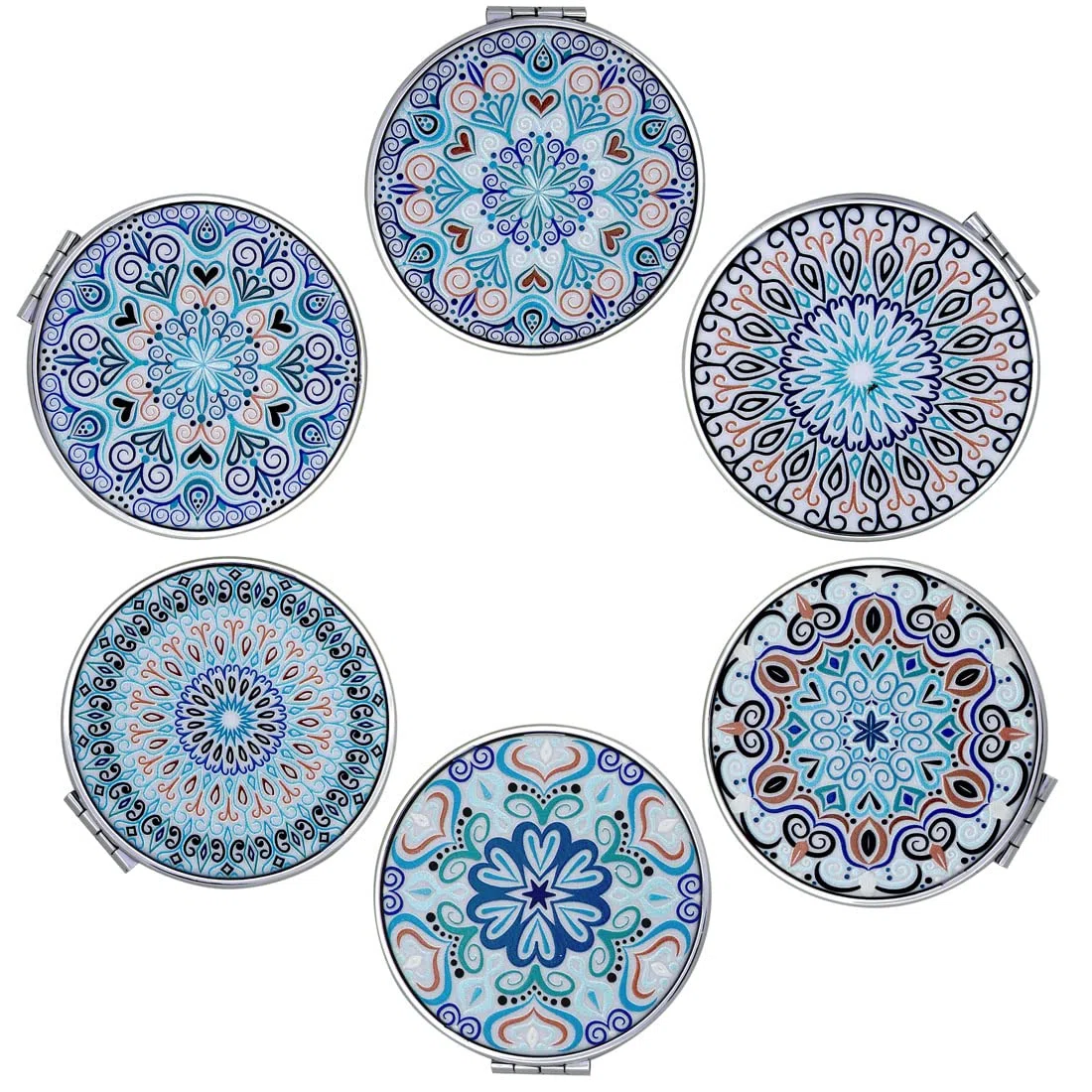 Taschenspiegel Klappbar Tragbar Handheld - Klein Kompaktspiegel mit 2-facher Vergrößerung für Schmink Ankleiden - Geprägte Mandala Designs - für Mädchen Frauen Kinder Lady 6er Pack