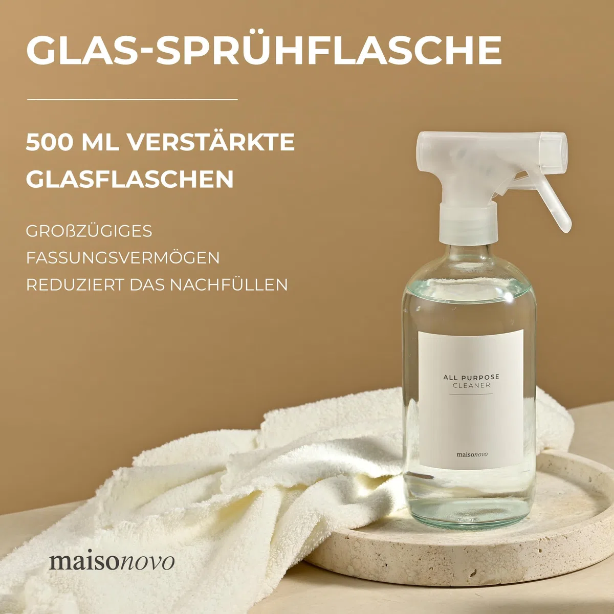 MAISONOVO Wasser Sprühflasche Glas 500ml 2er Set - Klar Kleine Sprühflasche Putzmittel Inklusive 16 Etiketten